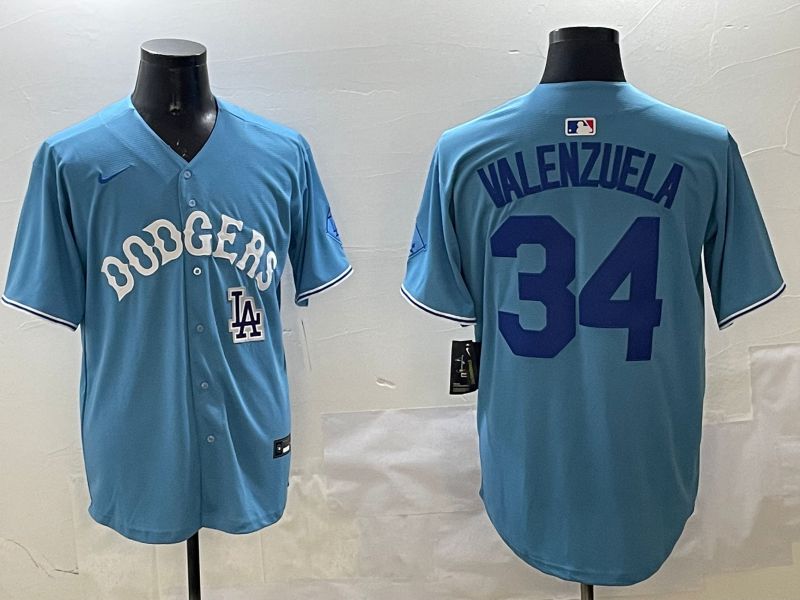 Men Los Angeles Dodgers #34 Valenzuela Light Blue Joint Name 2025 Nike MLB Jersey style 31623